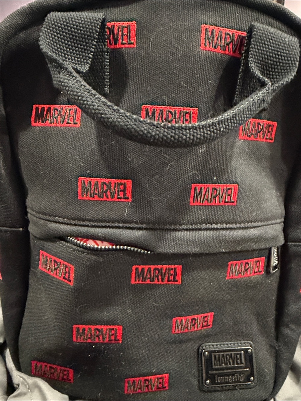 Loungefly Black Backpack with Red Marvel Logo Pattern